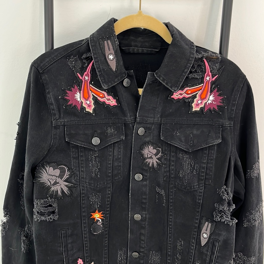 Msgm Patch Distressed Black Cotton Button Down Wo… - image 1